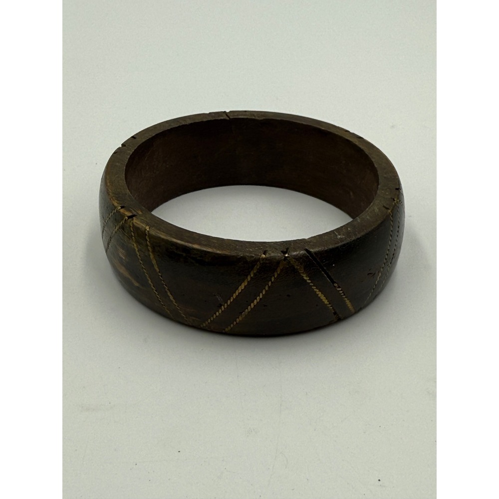 Vintage Dark Wood Bangle Bracelet Brass Wire Inlay Boho Geometric Chunky Brown